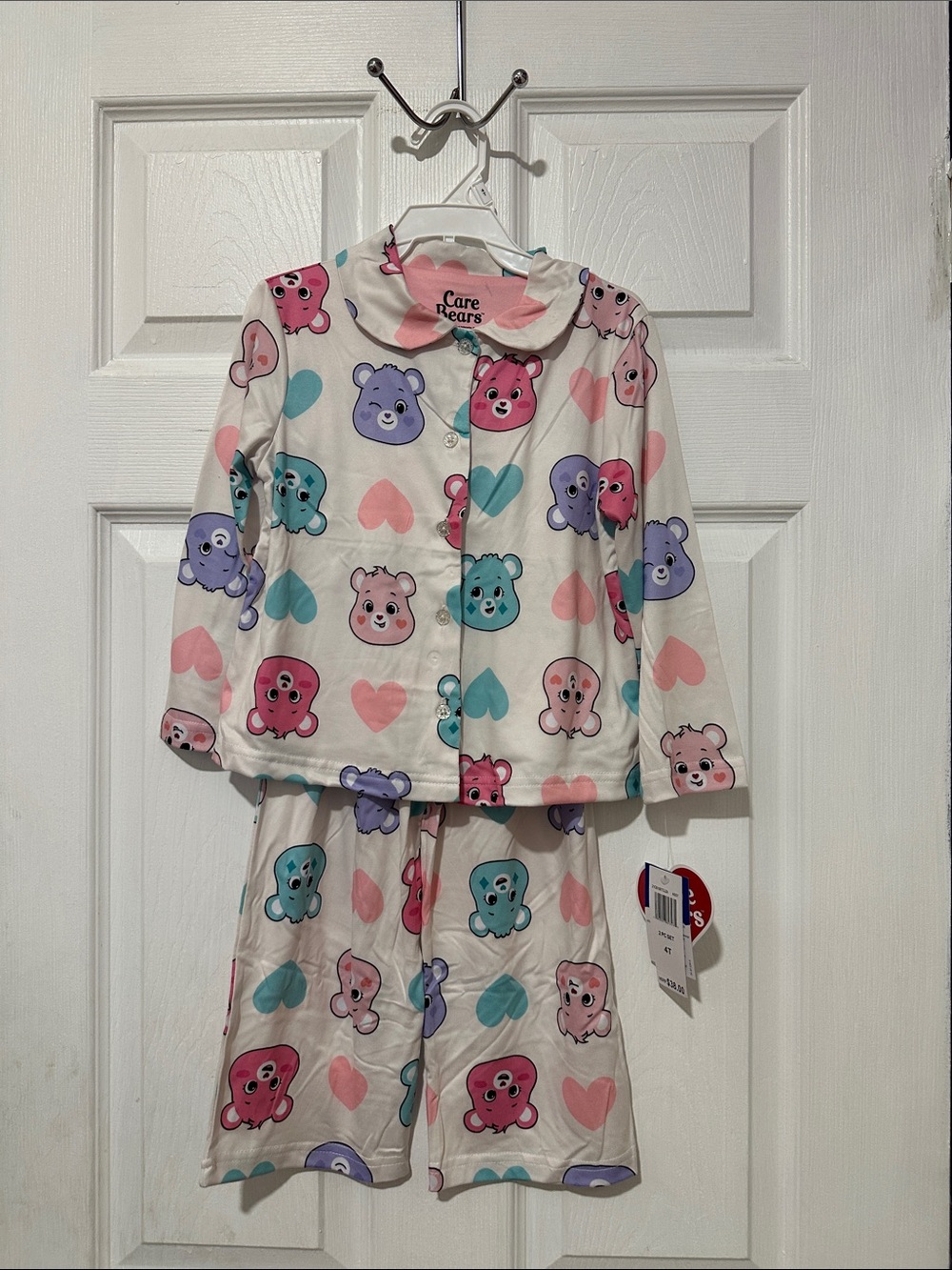 Care Bears White Pajama Set with Pink, Purple, Teal & Blue Bear Faces